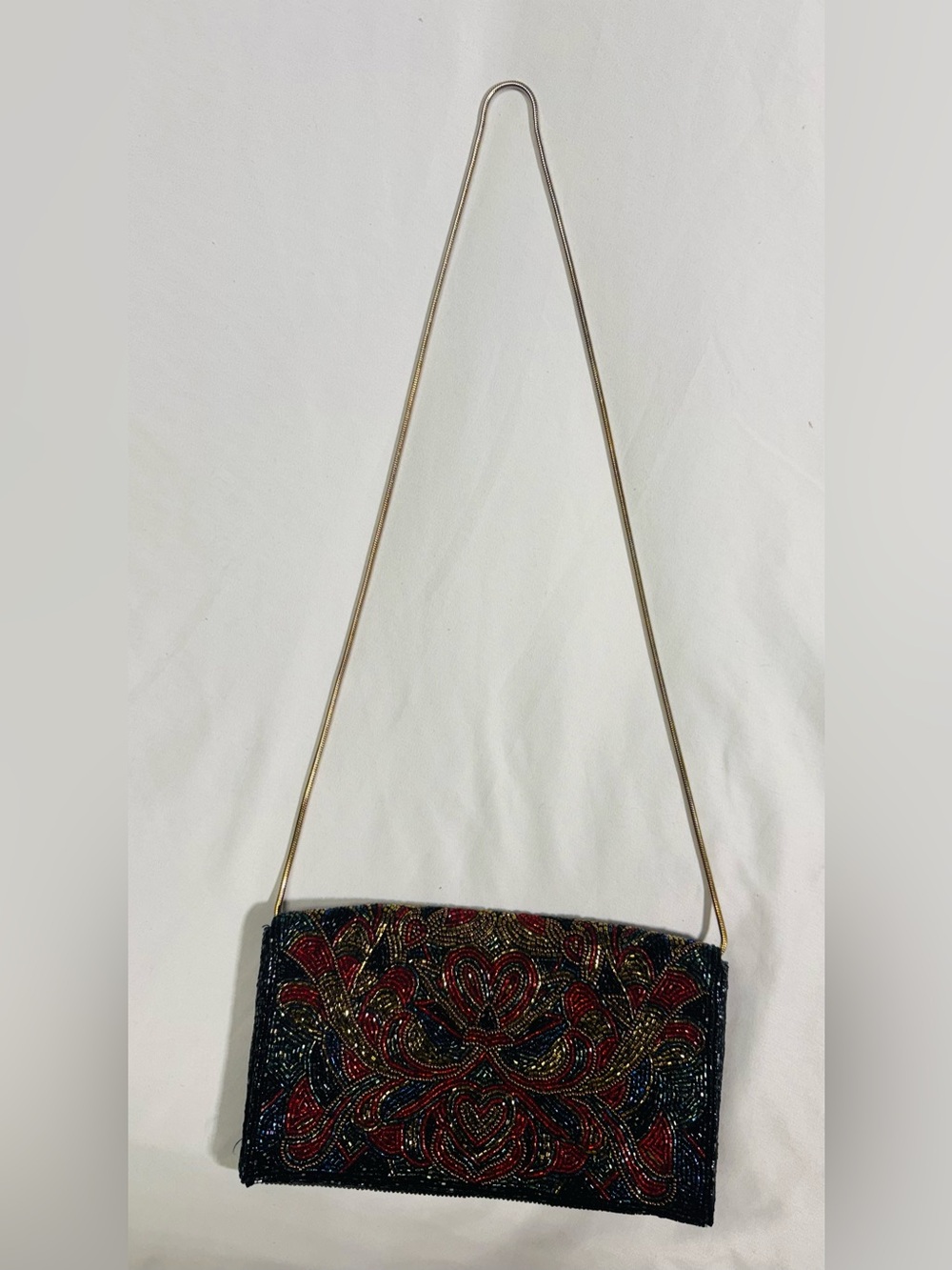 VINTAGE 1960’s Beaded Black and Red Evening Clutch with Gold Chain